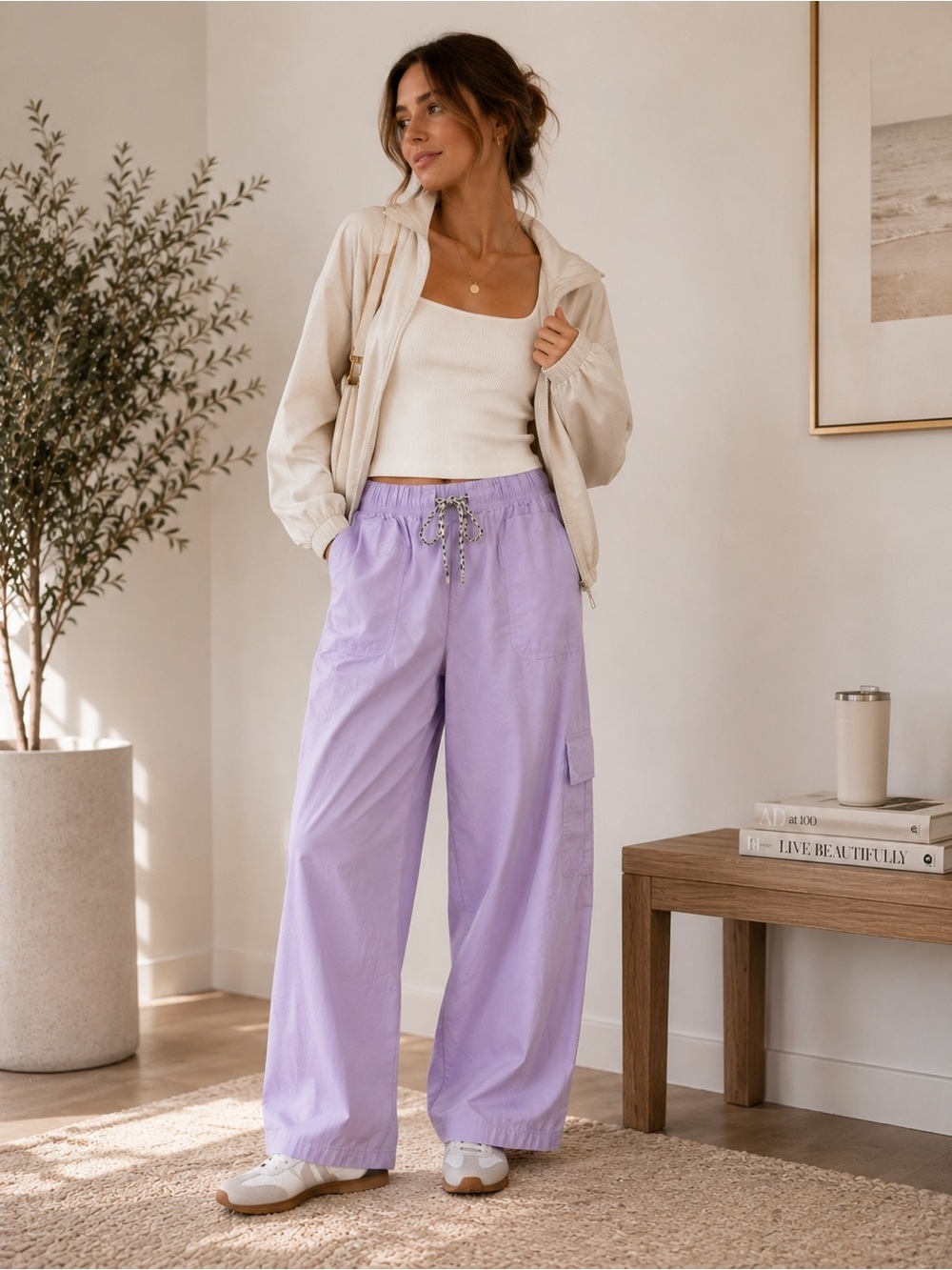 Aerie Lilac Cotton Wide Leg Cargo Pants | Drawstring Waist | Size Small